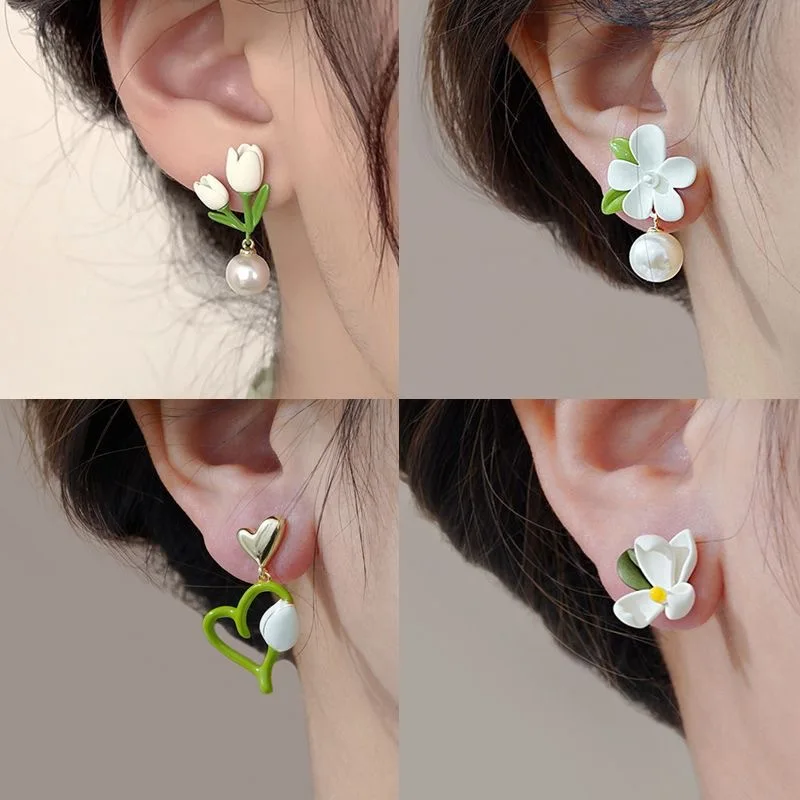 Fresh Green Tulip Pearl Earrings Simple Love Pearl Sweet Flowers Earrings  2023 Spring Summer Fine Versatile Women Jewelry Girl