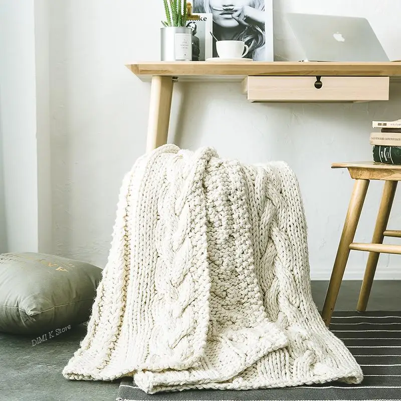 

DIMI Chunky Knit Blanket Home Decor Crochet Soft Summer Quilt Khaki Beige Wool Weight Blanket Twist Stripe Thick Yarn Bed Sofa