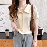 yasuk summer fashion womens casual polo shirts pullover cardigan loose tees top cute office lady lapel gentle elegant