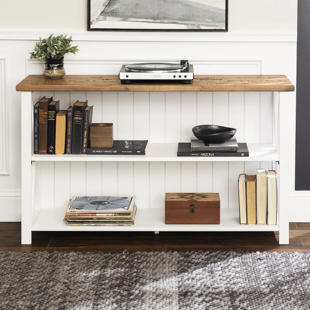 

Solid Wood Storage Console Table, White/Reclaimed Barnwood,Living Room, Family Room, Indoor