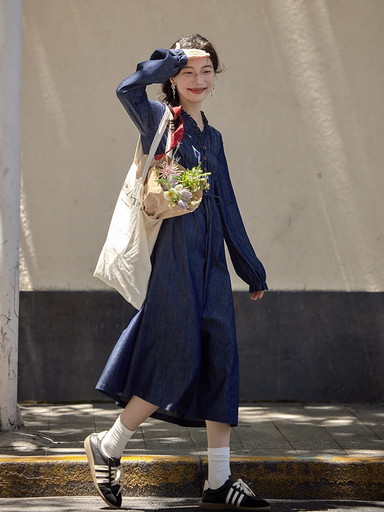 Элегантная джинсовая юбка с деревянными ушками платье длинными рукавами женское