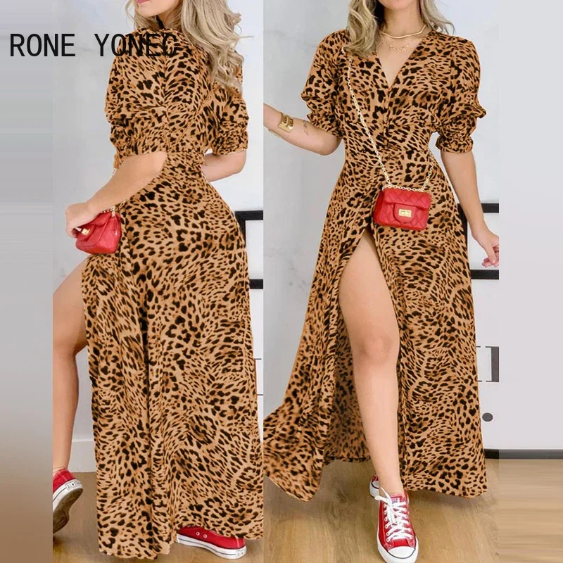 Женское платье-рубашка с принтом гепарда пышными рукавами и высоким разрезом