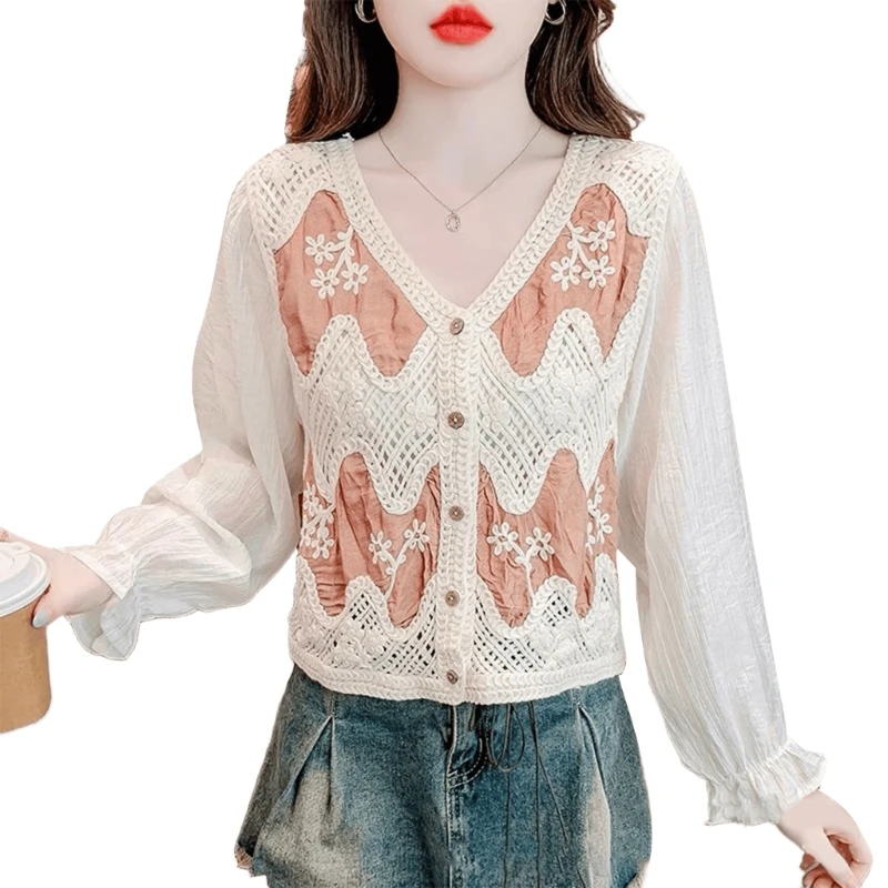 Женский укороченный топ на пуговицах из шифона с пышными рукавами и вязаным