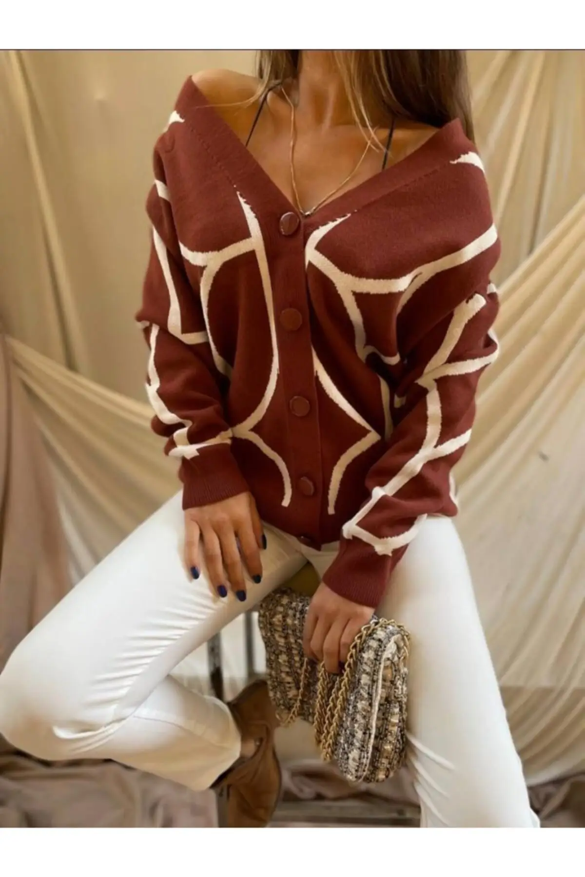 

Women's Cardigan Burgundy Patterned Casual Knitted Quality Fashion Cardigan Sweaters Loose Sweater Jumper