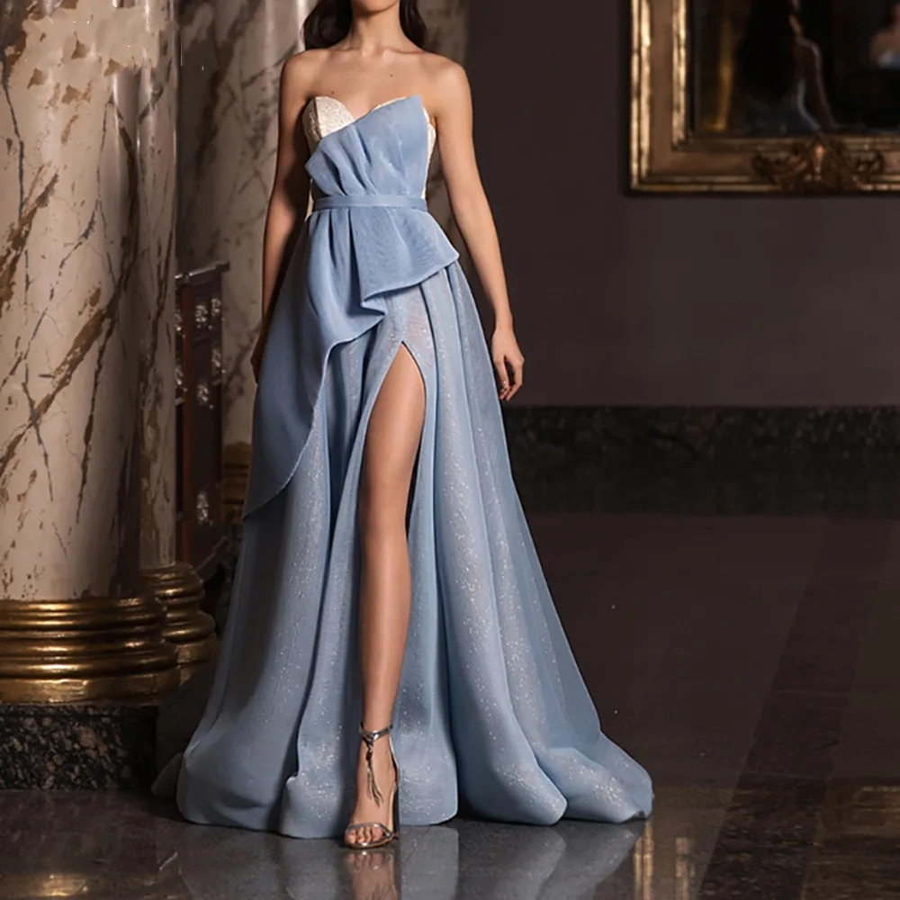 

Charming Sweetheart A Line Evening Dresses Strapless Ruched High Split Slit Glitter Prom Formal Party Gown Robes De Soirée 2023