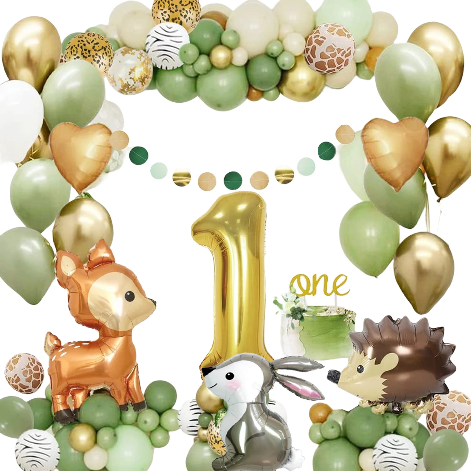 

1st Balloon Banner Boy Girl Green Jungle Deer Cake Topper Heart Shape Happy Rabbit Cute Birthday Decoration Set Special Hedgehog