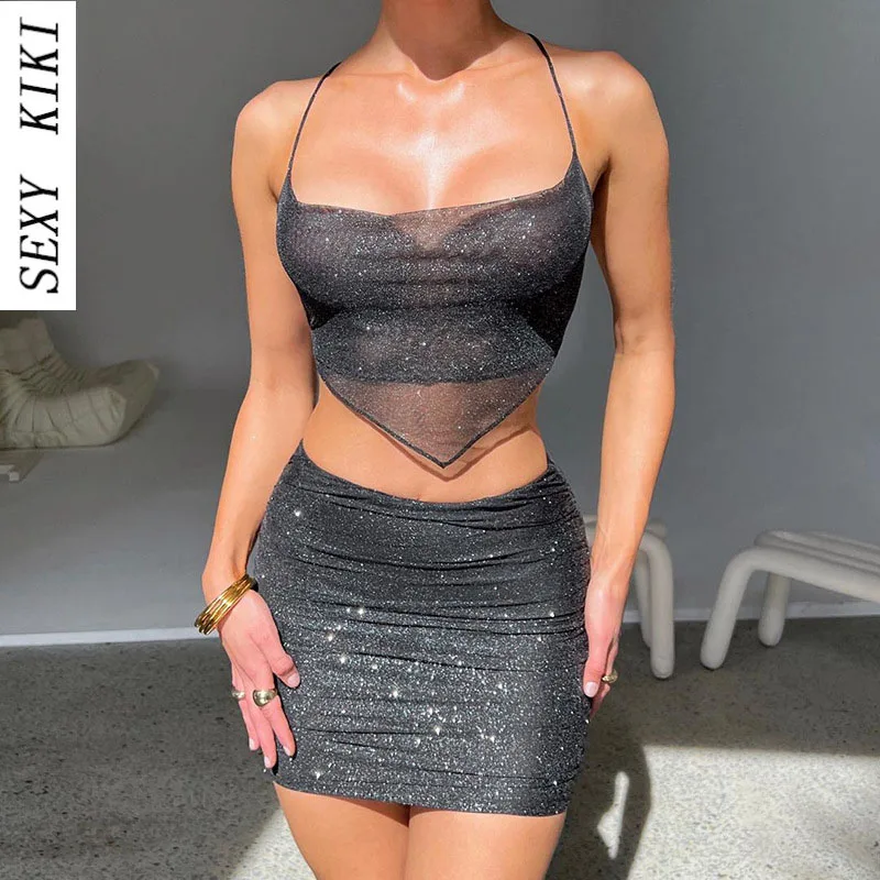 

2022 see-through fine flash mesh hanging neck halter backless triangle suspender + high waist bag hip skirt two-piece set