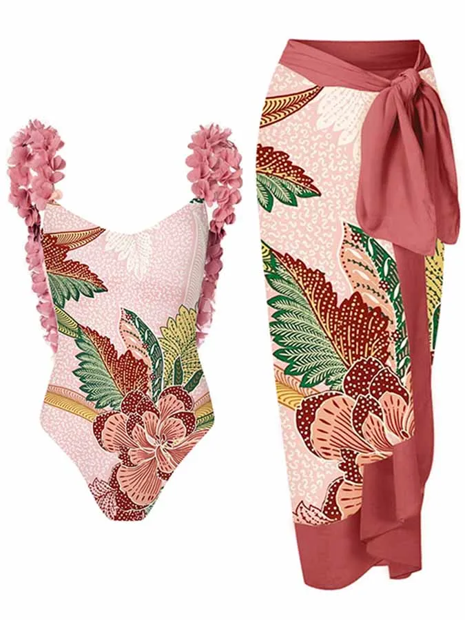 

Women Bandeau Floral Print Swimsuit Summer Strappy Ruffle Swimwear Monokini Tummy Control Bathing Suit Square Neck With Cover Up