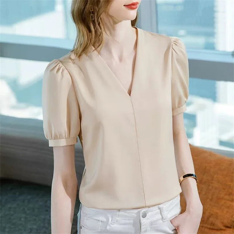 

Женские топы с коротким рукавом, летние модные повседневные атласные футболки в Корейском стиле, однотонные топы с пышными рукавами, футболки, женская одежда, блузы, 2022