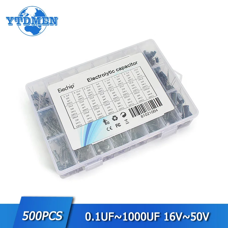 

500Pcs/box 24 Kinds electrolytic capacitors set 0.1UF-1000UF 10V 16V 25V 50V capacitor pack diy electronic kit