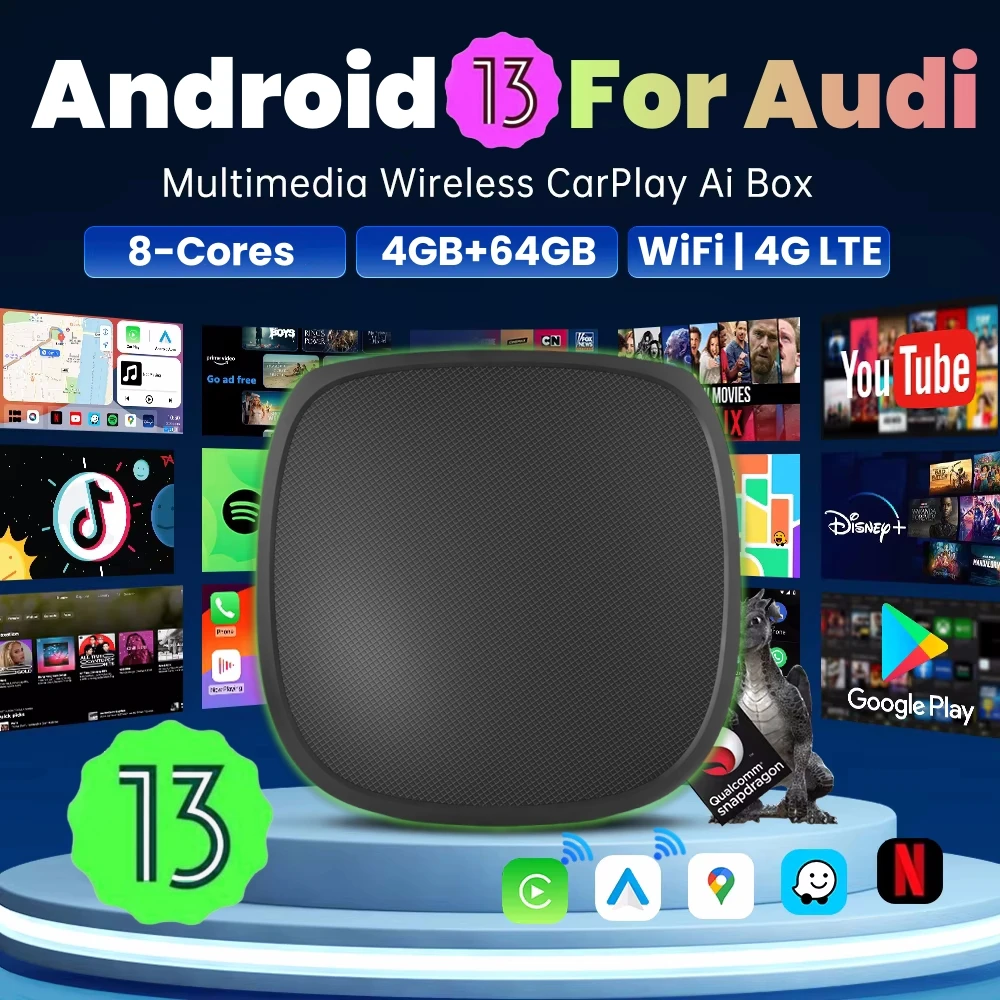 Android 13 Беспроводная коробка CarPlay TV Box 4G LTE GPS для Netflix Audi A3 A4 A5 A6 A7 A8 Q3 Q4 Q5 Q6 Q7 Q8 S4 S5 S6 RS4 RS5