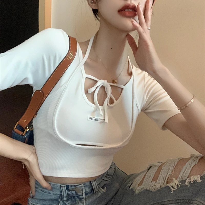 

Белая футболка с коротким рукавом и вышивкой из 2 предметов, женские летние облегающие топы с вырезами и завязками