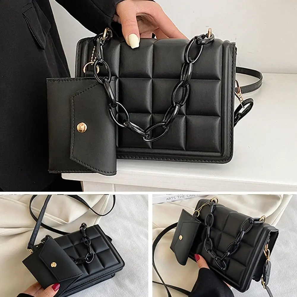 Black Shoulder Bag Casual Minimalist with Thick Chain Tote Handbag PU Leather Crossbody Bag Women Girls