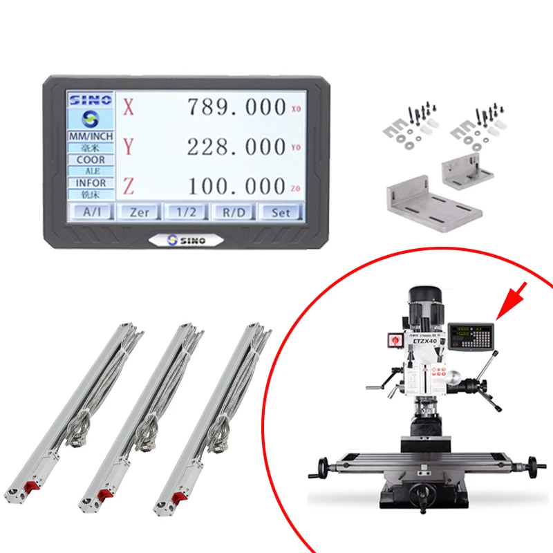 

SINO 3 Axis LCD Touch Screen Digital Readout with 3pcs Linear Scale Grating Glass Ruler Travel 70~1020mm for Milling Lathe Tools
