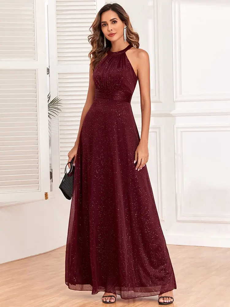 

Women Elegant Maxi Dresses 2023 New Summer Sexy Hanging Neck Sleeveless Luxury Sequin Formal Evening Party Wedding Robe Vestidos