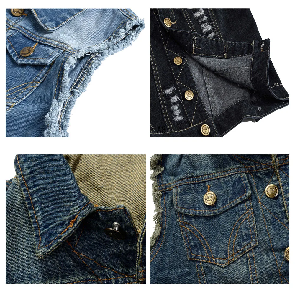 FALIZA Mens Denim Vests Ripped 