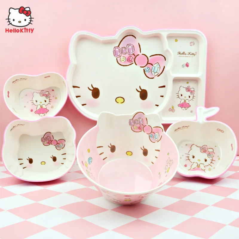 Kawaii Sanrio Anime Hello Kitty Dinnerware Sets Cartoon Kid Baby Feeding Rice Bowl Suction Dining Plate Cups Melamine Tableware