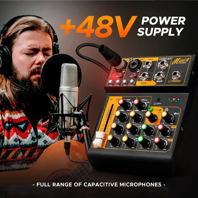Интерфейс аудиомикшера Mini4 DJ-консоль Bluetooth 5 0 OTG реверберация звуковая карта 48 В