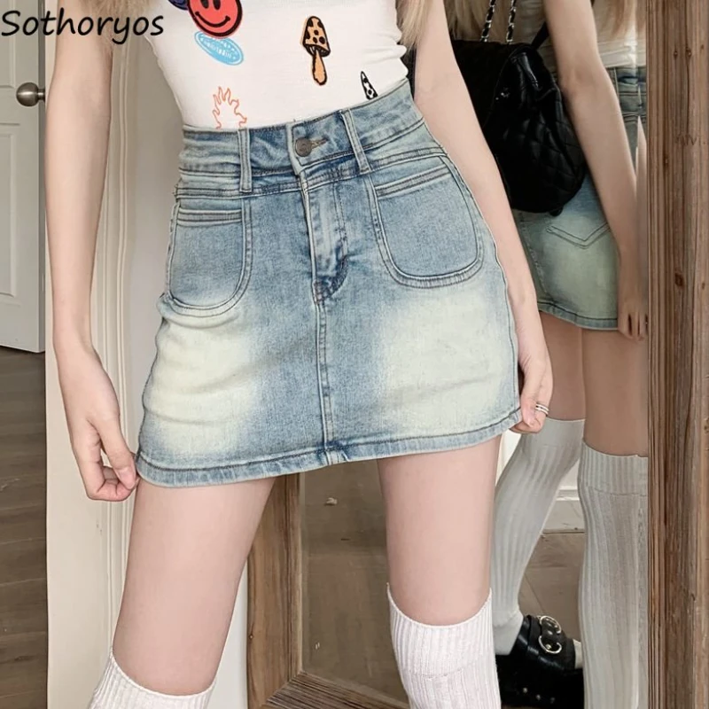 

Юбка женская джинсовая универсальная, модная простая пикантная одежда из денима, с завышенной талией, в винтажном стиле, для отдыха, в Корейском стиле, на лето