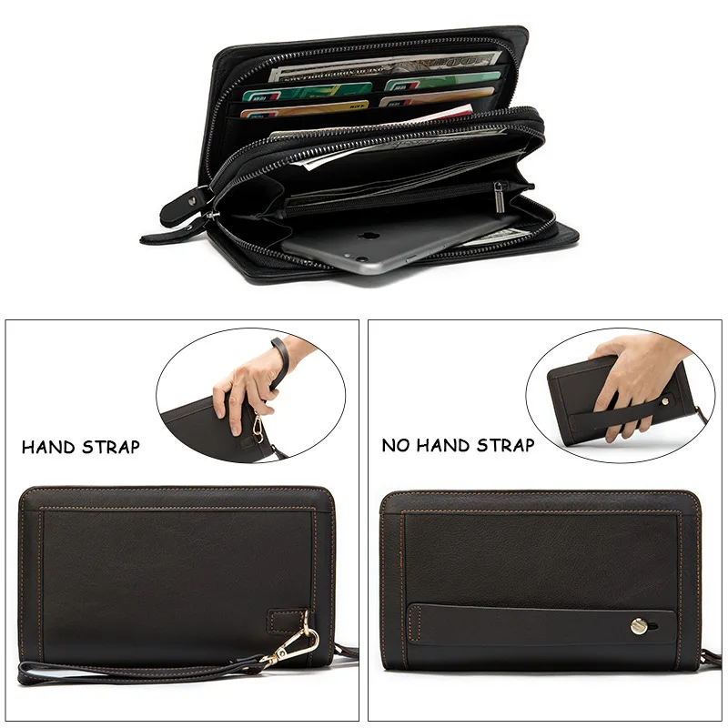 Men Clutch Bag Genuine Leather Long Purse Wallet Bag Double Zipper Male Clutch Handbag Phone Pocket Card Holder Large Capacity