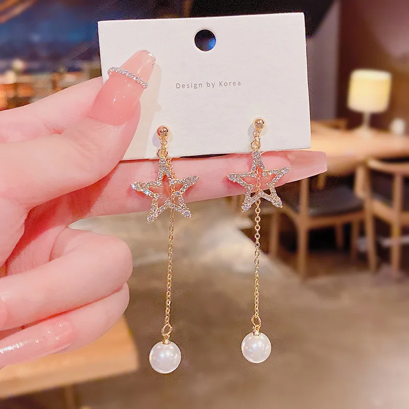 

South Korea's new fashion temperament, a two-wear diamond-studded star long tassel earrings S925 silver needle pearl earrings