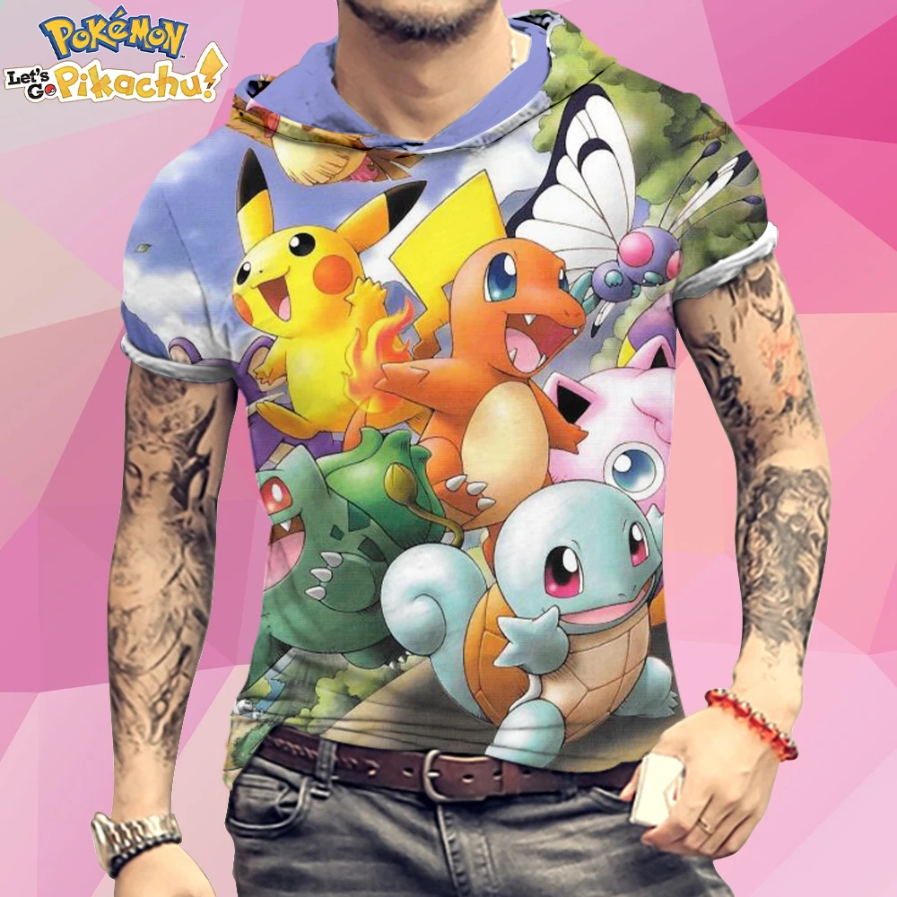 

Fashion Men's Hooded T-Shirt Pikachu Y2k Pokemon T-shirts Cute Essentials Harajuku Style Streetwear Kawaii Trend Hip Hop New 3XL