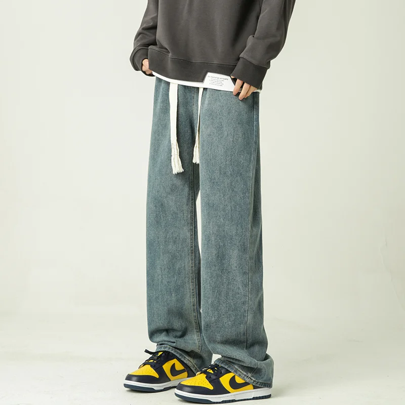 Blue Black Baggy Jeans Men Fashion Casual Drawstring Jeans Mens Japanese Streetwear Hip-hop Loose Straight Denim Trousers Men