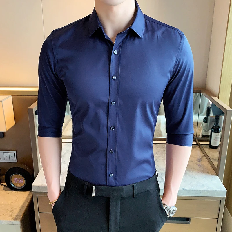 

Spring Summer Mens Half Sleeve Shirts 2022 Simple Slim Fit Solid ColorOffice Business Shirts High Quality Chemise Hommes 4XL-M
