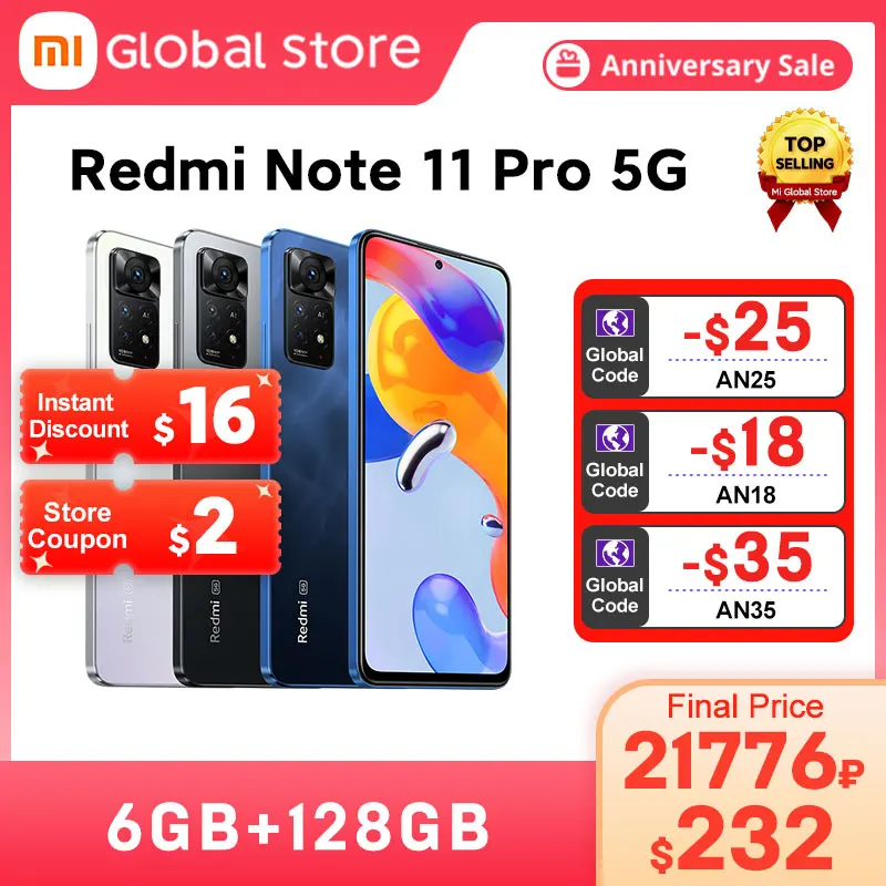 Global Version Xiaomi Redmi Note 11 Pro 5G 64/128GB Smartphone Octa Core Snapdragon 695 108MP Camera 67W Turbo Charging 5000mAh