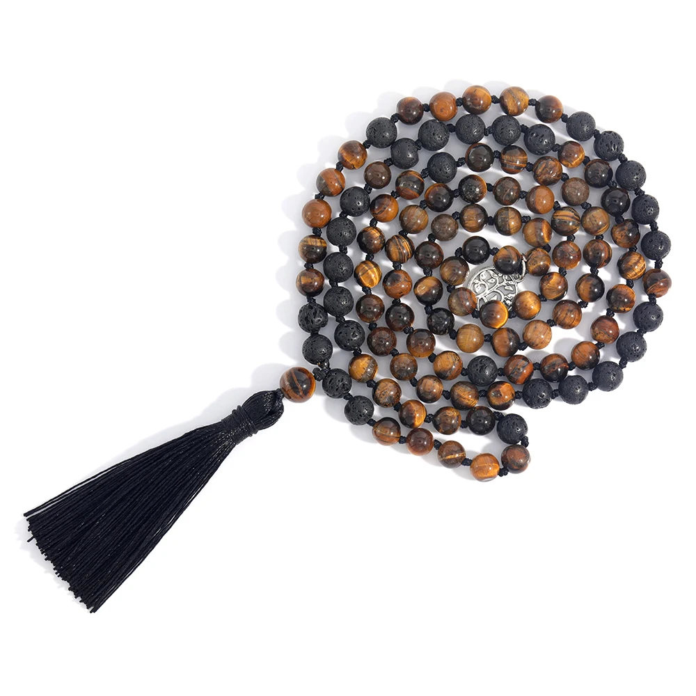 OAIITE натуральный желтый тигровый глаз и черный лавовый бисер 108 ожерелье Мала для
