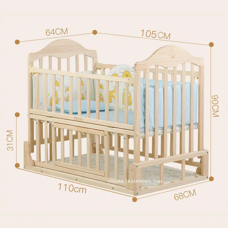 Foldable Baby Crib, 105*64*90cm, Natural Wood Infant Cot, Can Joint Adult Bed, Convert To Rocking Cradle