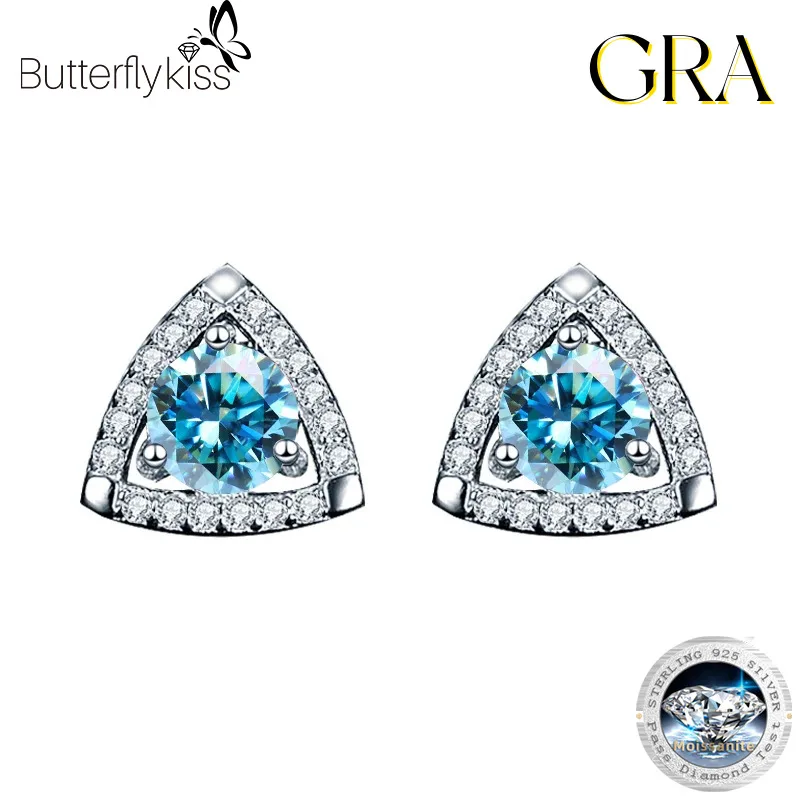 

Butterflykiss 100% Real Moissanite Earrings Triangle Design Diamond Studs Earrings Pink Red Stone 925 Silver Jewelry For Women