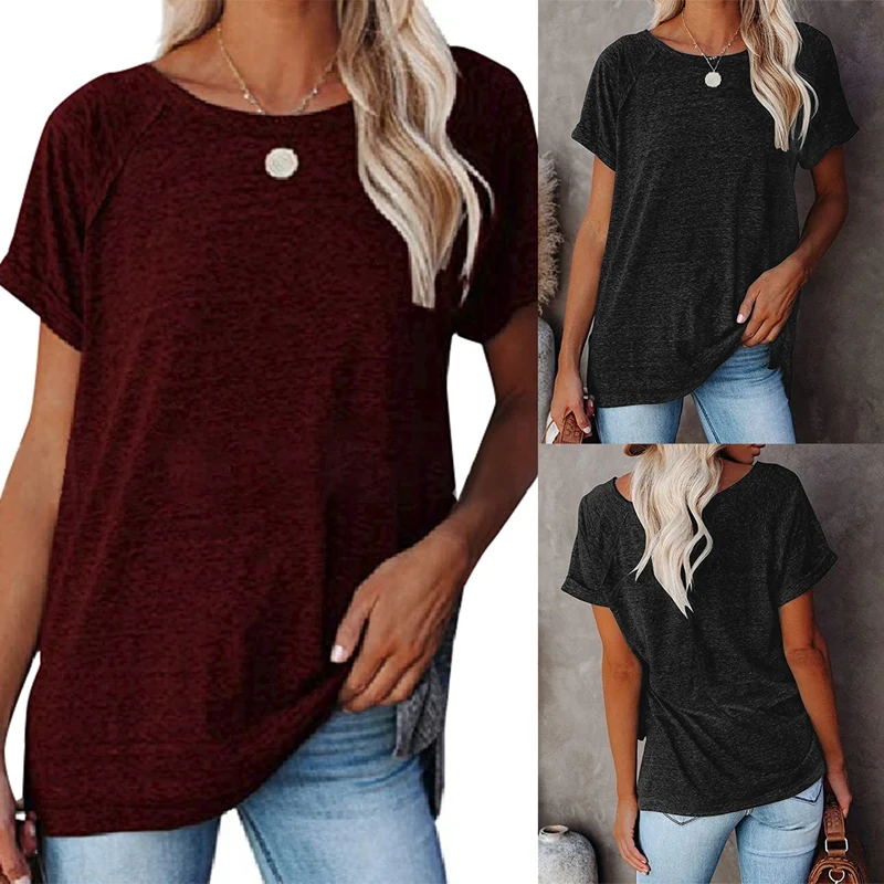 

Women's Round Neck Stitching Solid Color Loose Short-Sleeved T-Shirt