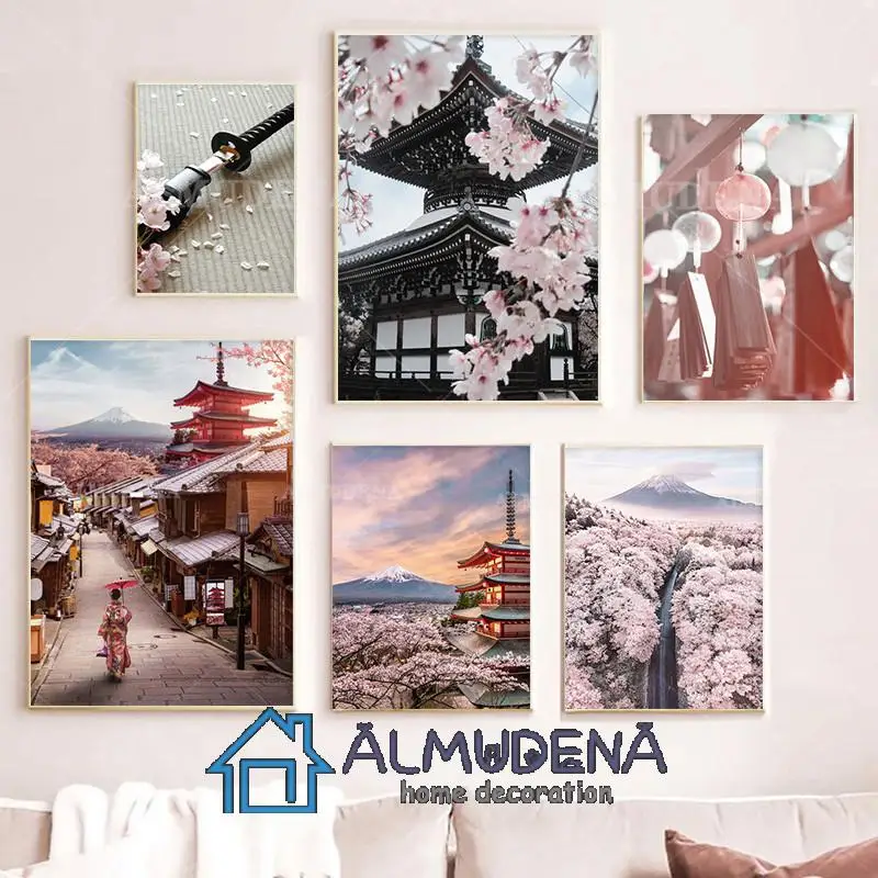 

Nagoya Samurai Sakura Canvas Painting Japan Fuji Mountain Temple Nature Landscape Poster Wall Art Nordic Picture Room Decor