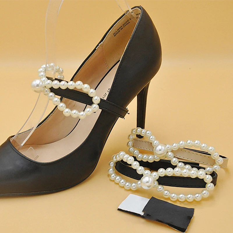 

1Pair Women Pearl Bow Tie Shoeslace High Heels Shoe Lace Elastic Band Anti Falling Heel Non-Slip Belt Strap Shoe Accessories