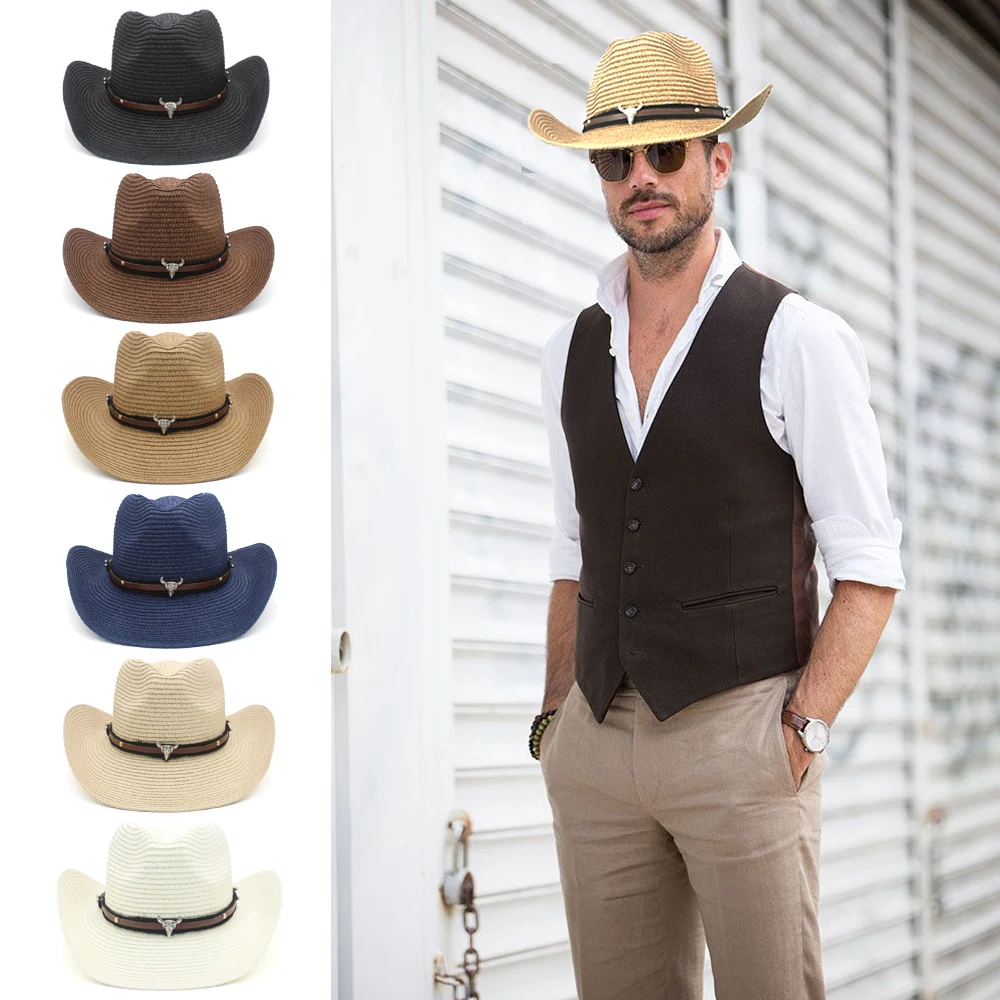 

Men Women Soft Straw Western Cowboy Hats Wide Brim Sunhat Party Travel Outdoor Caps Classical Retro Sombrero UK Size L US 7 1/4