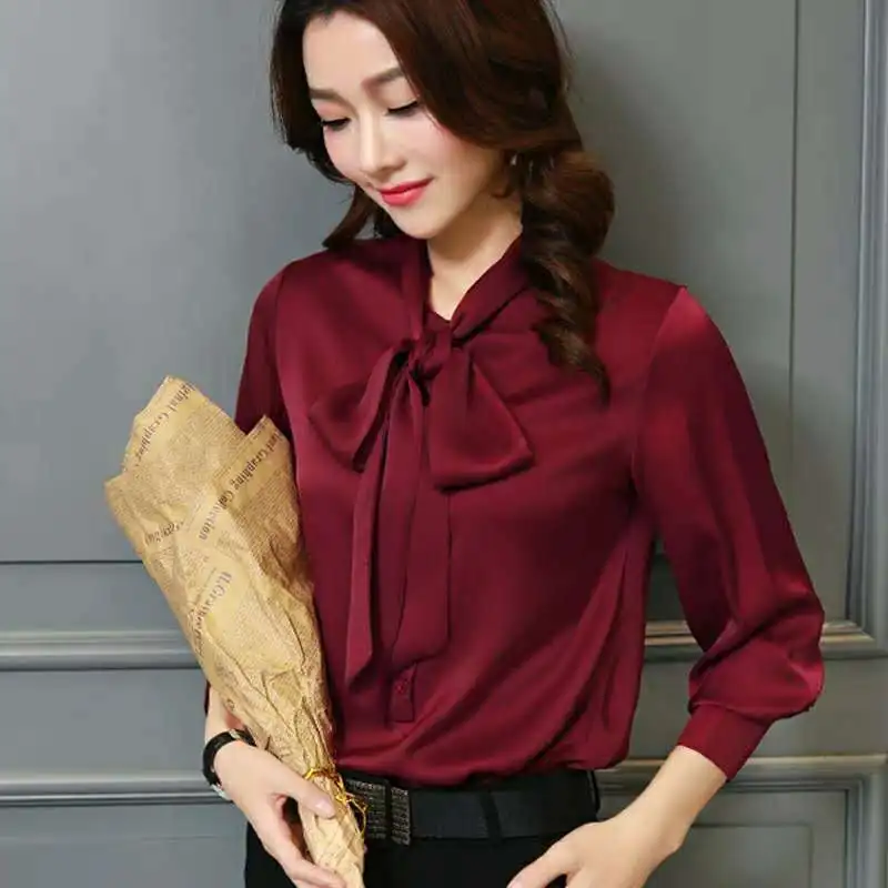 

Spring Fall Long Sleeve Blouse Women Pink Red Solid Color Bow Tie Collar Office Blouses Faux Silk Business Ladies Tops Blusas