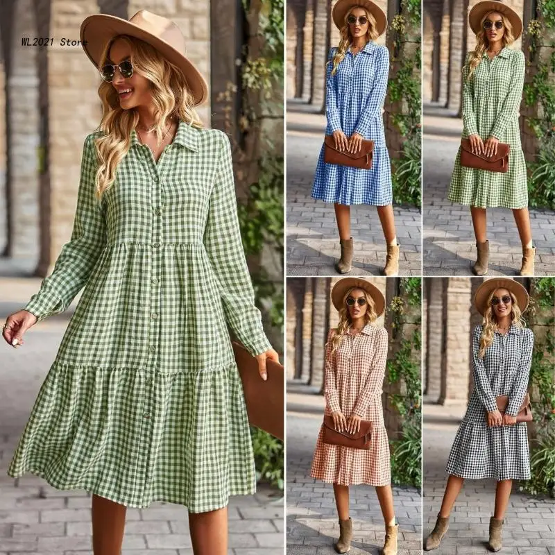

Autumn Vintage Plaid Long Sleeve Button Down Loose Ruffled Midi Dress for Women