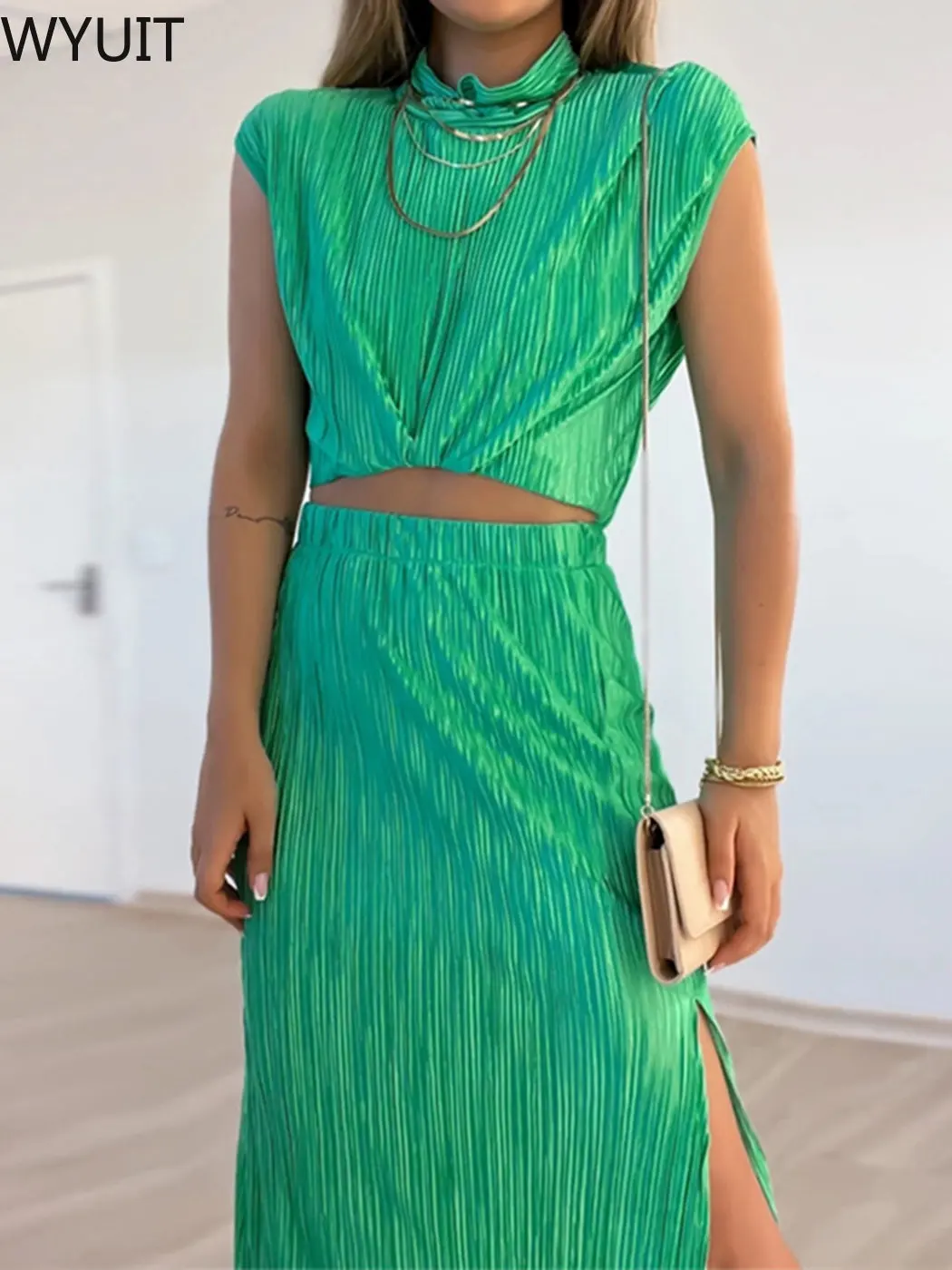 

Fashion Pleated Dresses Sets Half High Collar Sleeveless Shirt+Elastic Waist Split Skirt 2023 Spring Summer 2 Pcs Skirts Sets