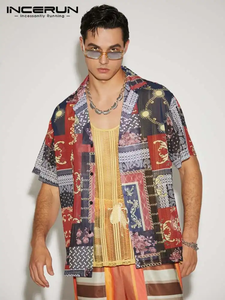 

INCERUN Men Printing Shirt Lapel Short Sleeve Streetwear 2022 Button Hawaiian Thin Shirts Summer Vacation Casual Men Clothing 7