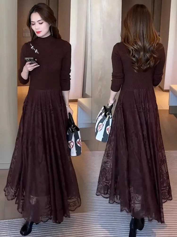 Свитер Western Sle вязаное лоскутное кружевное платье женское длинное 2024 осень и зима