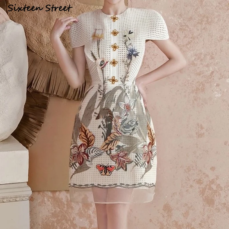 

Женское винтажное мини-платье с цветочным принтом, коротким рукавом и высокой талией