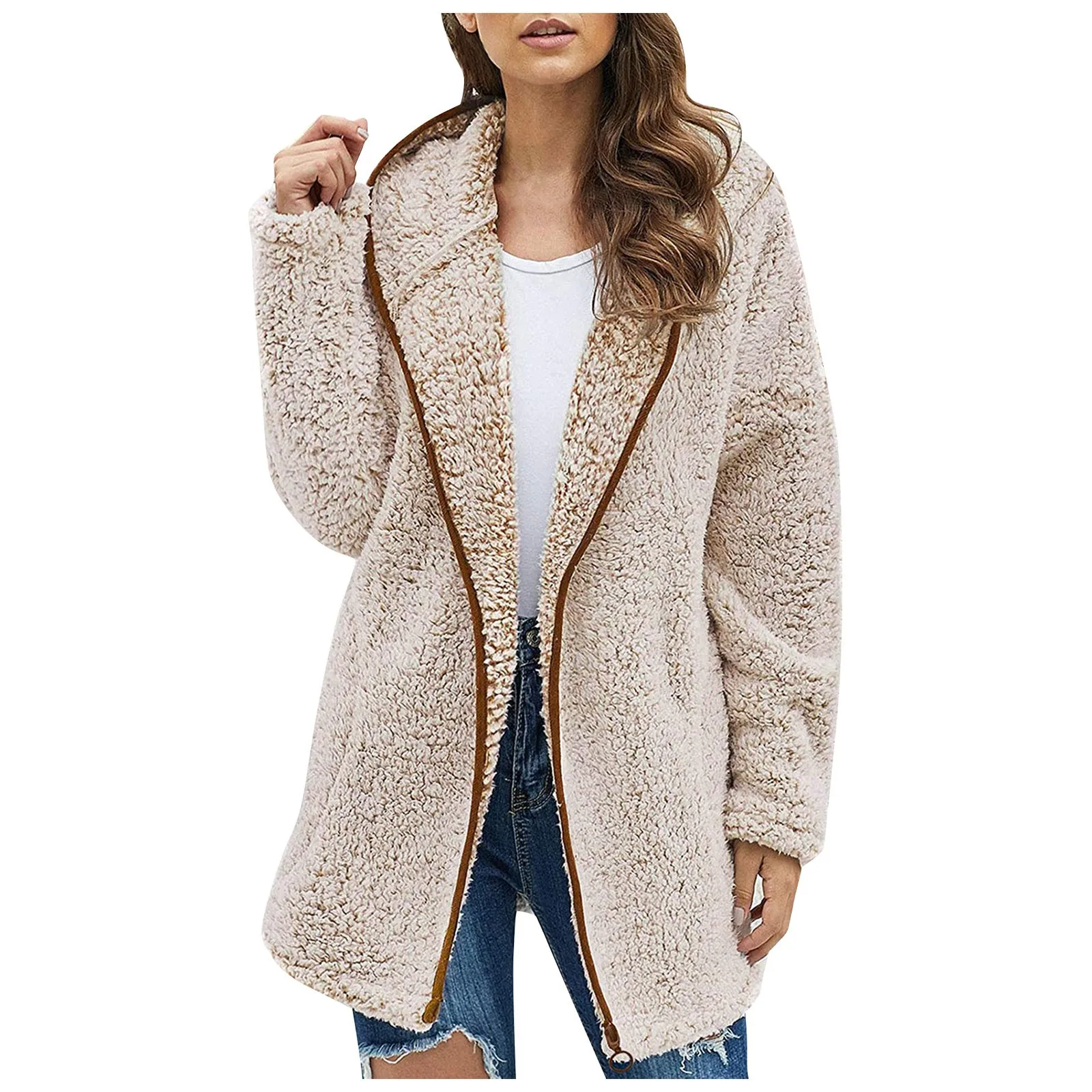 

Womens Fuzzy Fleece Hooded Coat Outwear Long Sleeve Full Zip Sherpa Cardigan Jackets with Pockets Lapel Long Sleeve Snow Coat