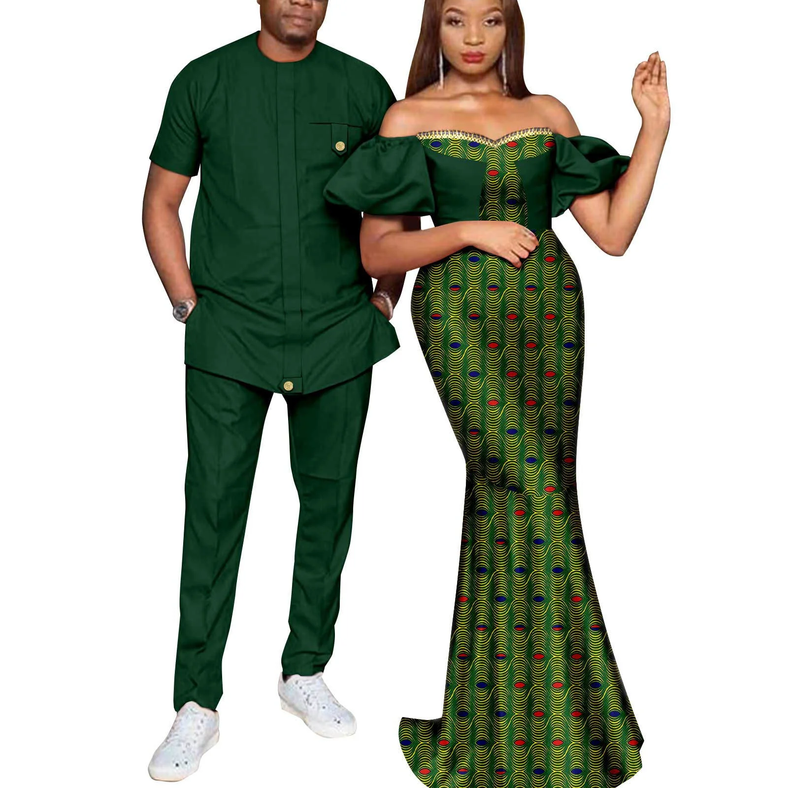 African Clothes for Couple Dashiki African Women Print Long Dresses Match Men Outfits Bazin Top Shirts and Pants Sets