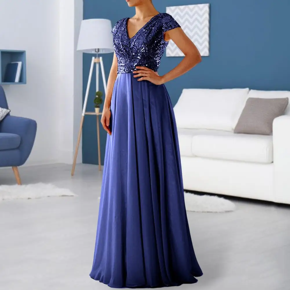 

Stylish Evening Dress Short Sleeve Slim Fit Breathable Luxury Shiny Sequins Chiffon Splicing Bridesmaid Dress
