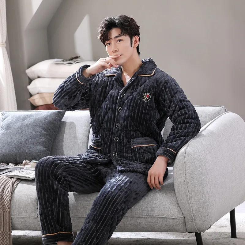 

QUHENG Men Winter Pajam Autumn Winter Turn-down Collar Sleepwear Long Sleeve Pajama Sets Nightwear Male 2 Pieces Sets Homewear