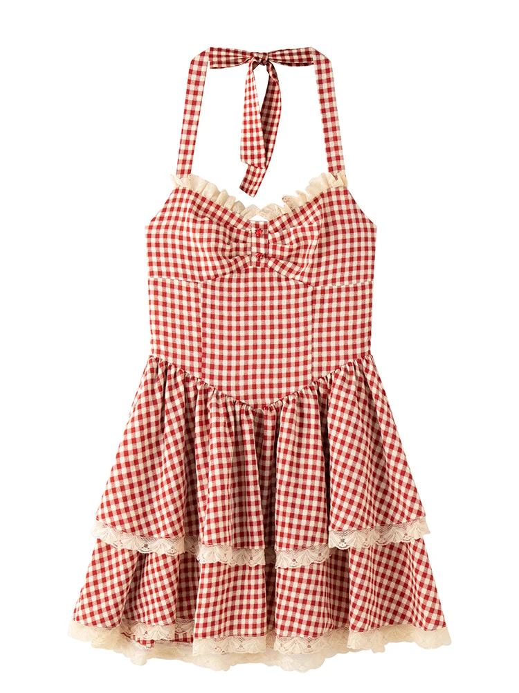 

Женское клетчатое Плиссированное мини-платье с бантом и открытой спиной