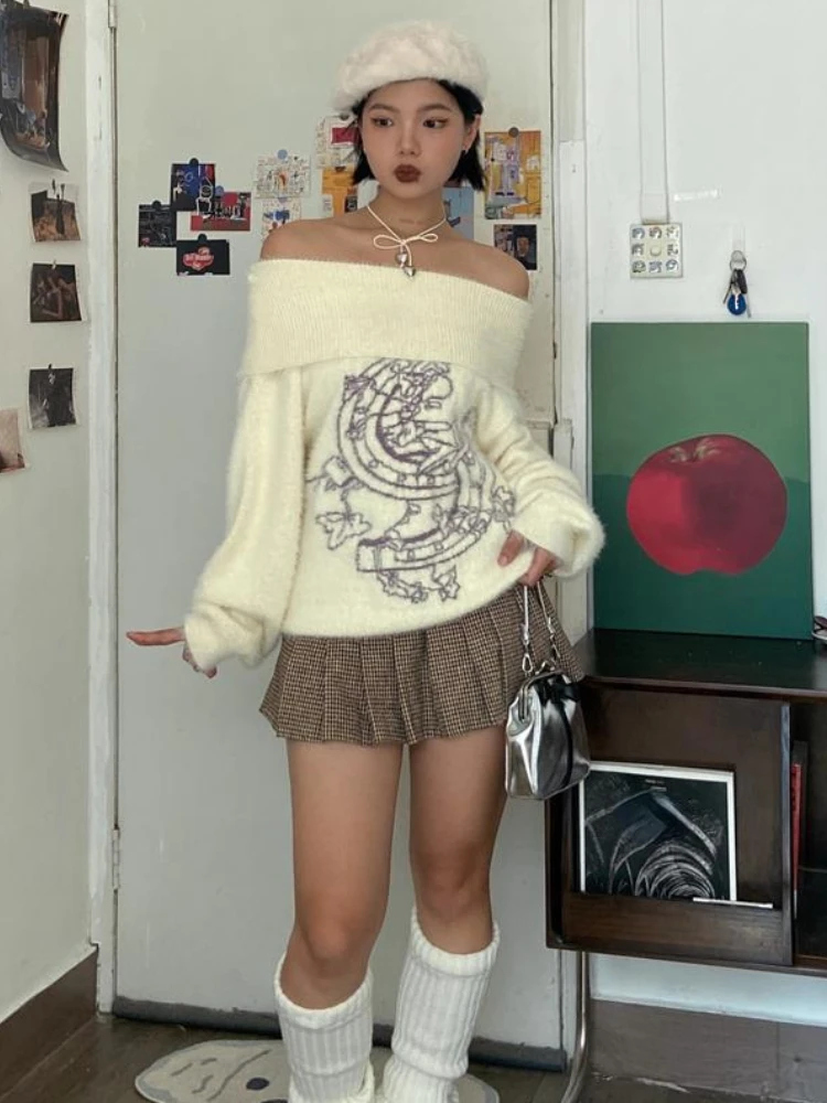 Женский свитер в стиле преппи Y2k жаккардовые пуловеры с высоким воротником