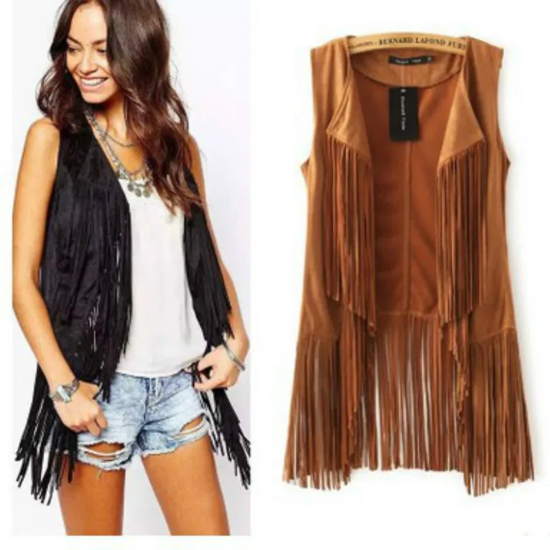 

Chic Fringed Suede Vest Sleeveless Cardigan Tassels coat Velvet Turn Down Collar long Open Stitch Tank Tops Casual Streetwear