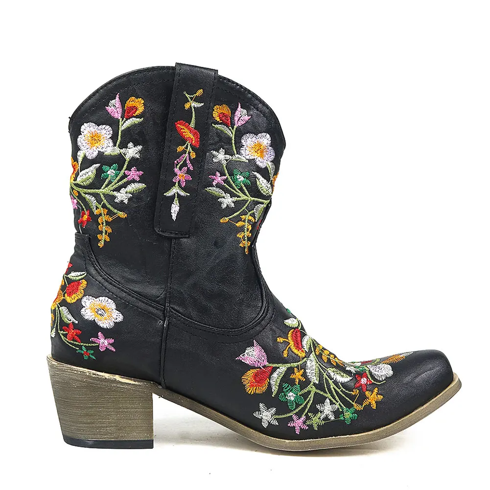 

Gnazhee Floral Embroidery Square Heels Slip On Black Cute Booties Pointed Toe Western Boots Shoes Woman